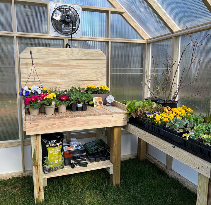 Workbench and Flowers Inside in EZ Greenhouse